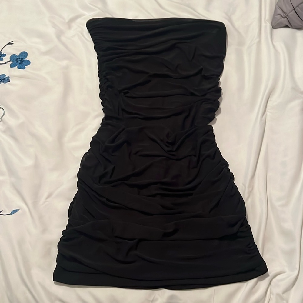 Black strapless rouched mini dress